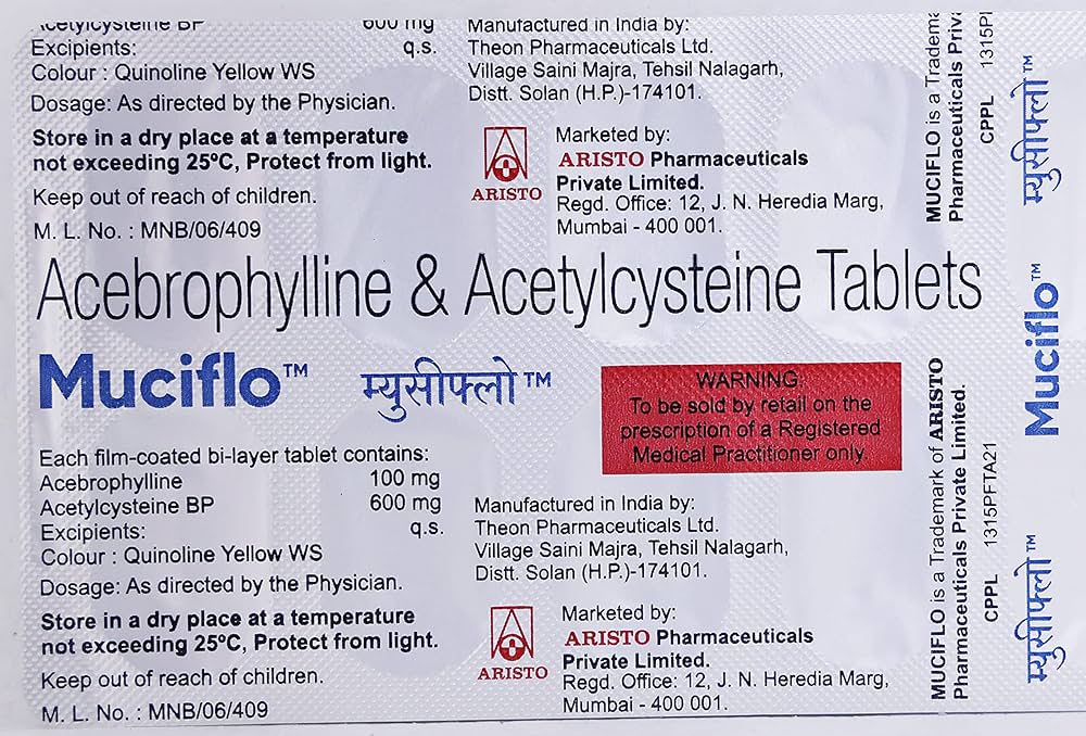 Acebrophylline 100mg + Acetylcysteine 600mg Tablets, 10 Tablets
