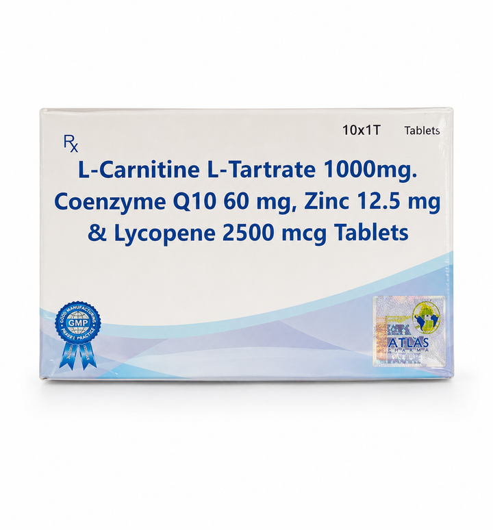 L-Carnitine-L-Tartrate 1000Mg, Co-Enzyme Q10 60Mg, Zinc Oxide (As Elemental Zinc) 12.5Mg, Lycopene 2500Mcg Tablets