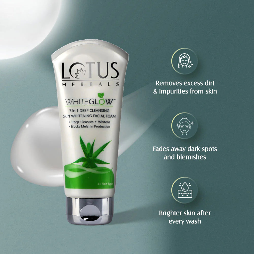 Lotus Herbals 3 in 1 Deep Cleansing Facial Foam | Face Wash for Women & Men | Blocks Melanin Production | Acne-Control & Oil-Control | Fades Dark Spots | 100 Gm