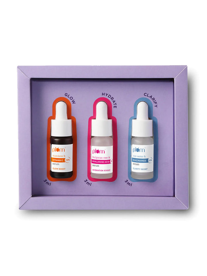 Plum Specialist Serums - Starter Pack I Set of 3 Mini Serums| 3ml Each I Vitamin C, Hyaluronic & Niacinamide I For Glowing, Hydrated, Clear Skin | Beginner-Friendly I All Skin Types | Fragrance- Free | 100% Vegan