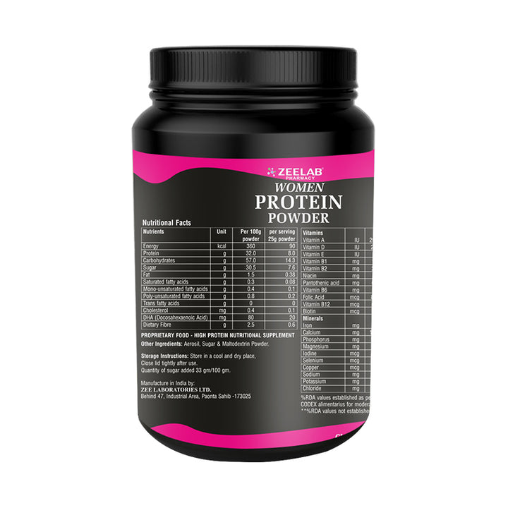 ZEELAB Women Protein Powder Chocolate Flavour | High Protein Nutrition with DHA, Calcium, Iron & Vitamins | 500g