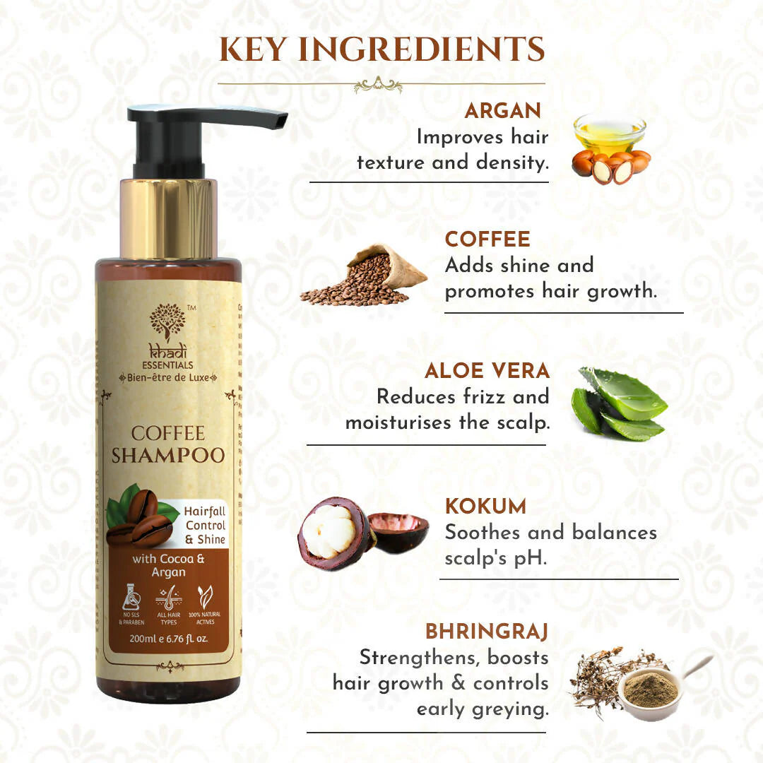 Khadi Essentials Coffee Shampoo with Cocoa & Argan for Hair fall Control & Shine, 200ml