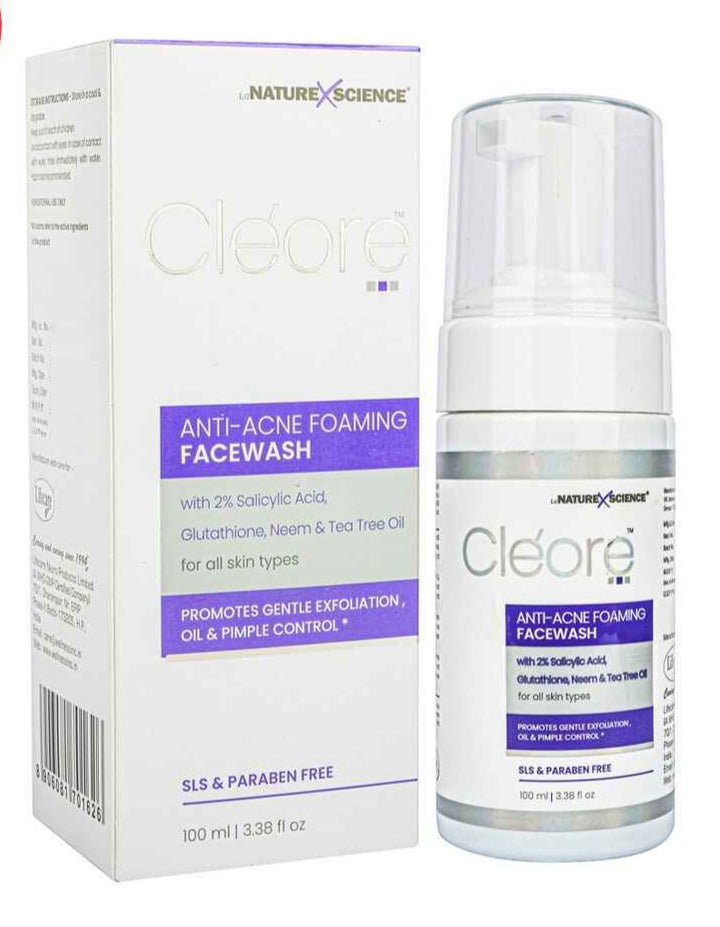 Cleore Anti-Acne Foaming Facewash with 2% Salicylic Acid, Glutathione, Neem & Tea Tree Oil, 100ml