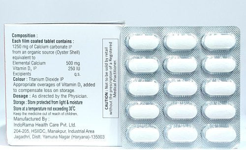 Calcium Carbonate 1250mg (Equivalent to Elemental Calcium 500mg), Vitamin D3 250IU Tablets