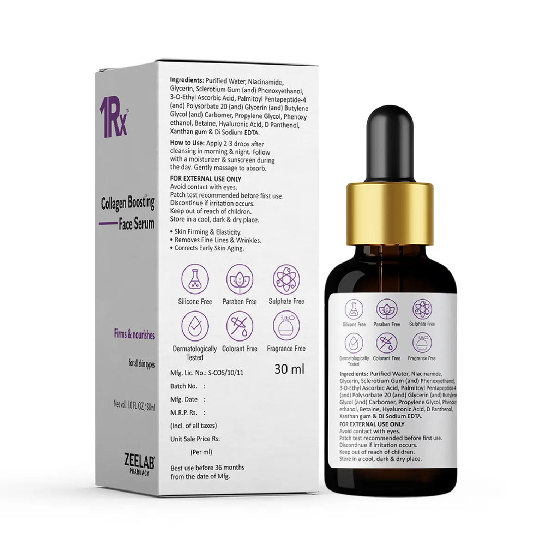 ZEELAB 1RX Collagen Boosting Face Serum | Niacinamide, Vitamin C, Hyaluronic Acid & Peptide Complex | Anti-Aging & Skin Firming | 30ml