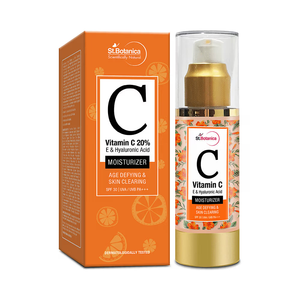 St.Botanica Vitamin C, E & Hyaluronic Acid Moisturizer Age Defying & Skin Clearing With SPF 30, with Stable & Effective Vitamin C & Broad Spectrum Sun Protection for Bright Skin | No Parabens & Sulphates | Vegan & Cruelty Free | 50gm