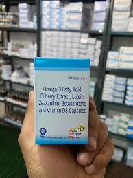 Omega 3 Fatty Acid 500mg, EPA 150mg, DHA 100mg, Bilberry Extract 50mg, Lutein 20% & Zeaxanthin 4%- 25mg, Beta carotene 4.8mg, Vitamin D3 10mcg Capsules