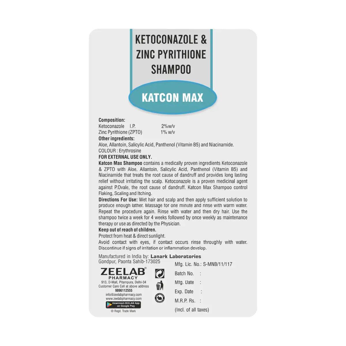 ZEELAB Katcon MAX Anti-Dandruff Shampoo | Ketoconazole 2%, Zinc Pyrithione, Salicylic Acid, Aloe Vera & Niacinamide | 100ml
