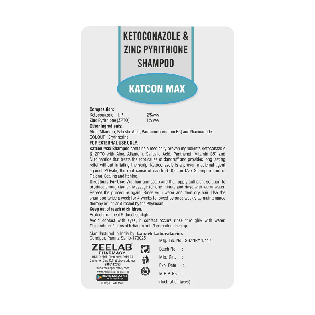 ZEELAB Katcon MAX Anti-Dandruff Shampoo | Ketoconazole 2%, Zinc Pyrithione, Salicylic Acid, Aloe Vera & Niacinamide | 100ml