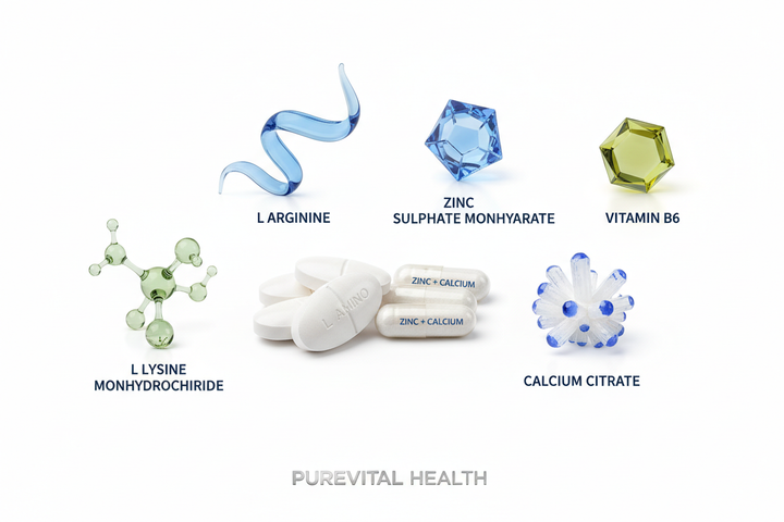 L Arginine, L Lysine Monohydrochloride, Zinc Sulphate Monohydrate, Calcium Citrate, Vitamin B6
