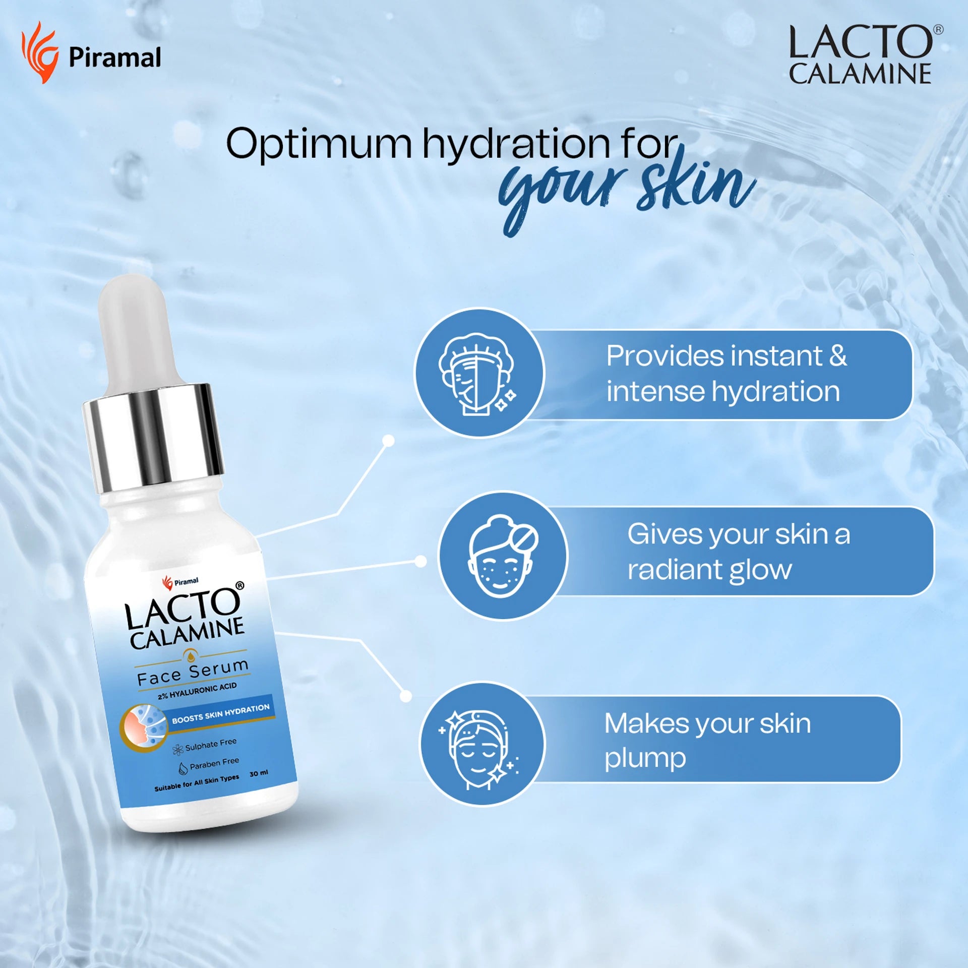 Lacto Calamine 2% Hyaluronic Acid Face Serum | Intense Hydration &amp; Plumping Serum for Soft, Glowing Skin | 30ml