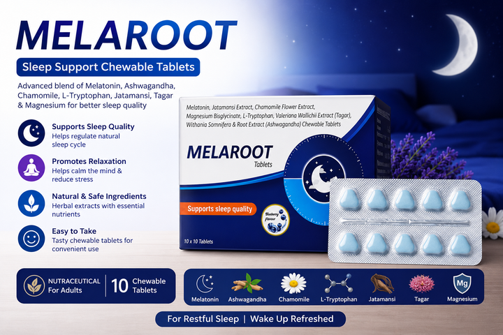MELAROOT Sleep Support Chewable Tablets | Melatonin, Ashwagandha, L-Tryptophan, Chamomile, Magnesium & Jatamansi | Natural Sleep & Relaxation Supplement | 10 Tablets