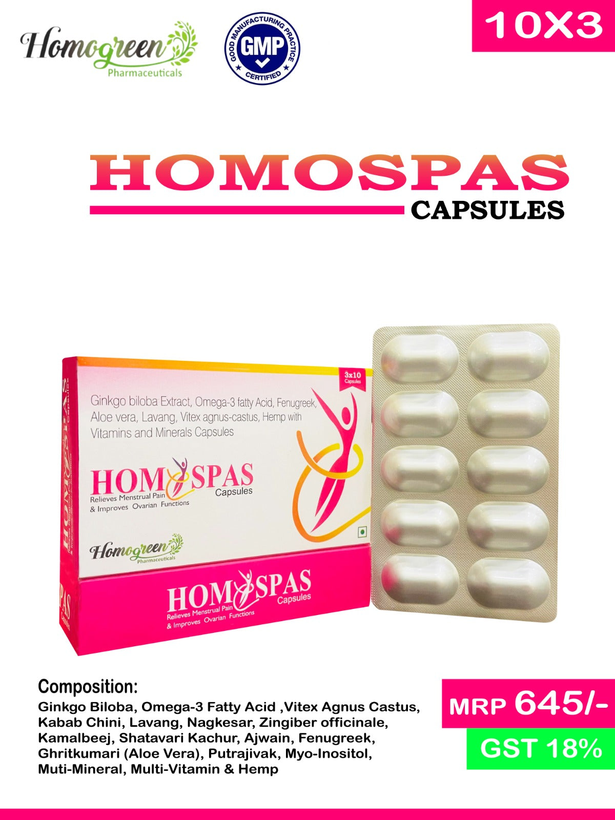 HOMOSPAS Capsules (Relieves Menstrual Pain & Improves Ovarian Functions)