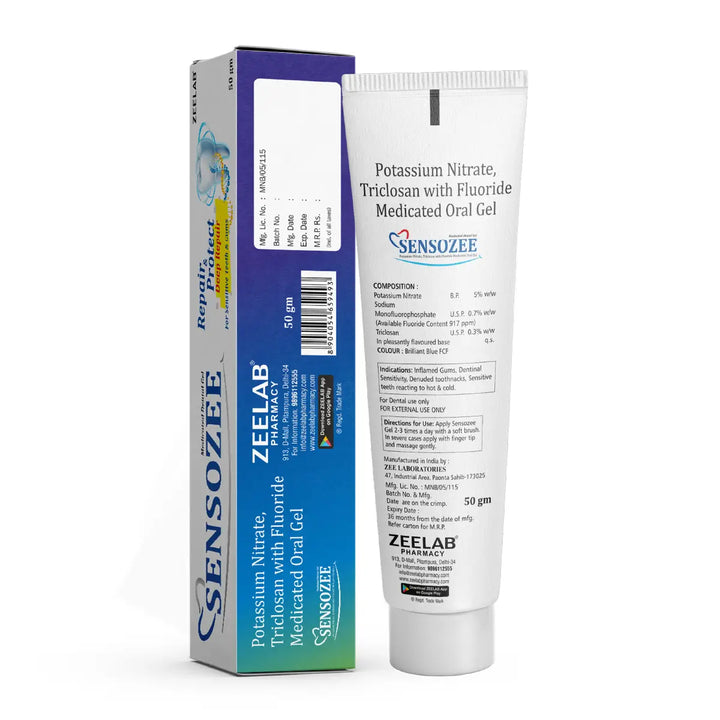 Sensozee Medicated Dental Gel, 50gm (Potassium Nitrate 5% w/w + Sodium Monofluorophosphate 0.7% w/w + Triclosan 0.3% w/w)