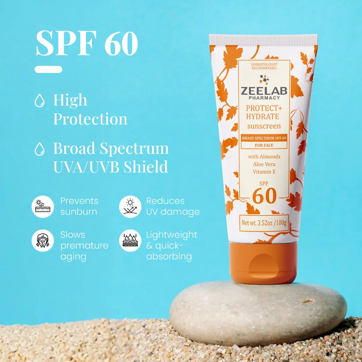 ZEELAB Sunscreen Lotion Protect + Hydrate SPF 60 & 30 | Broad Spectrum UVA/UVB Protection with Hydrating Formula | 100g