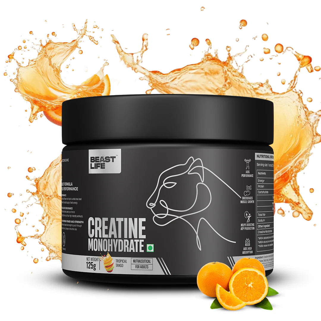 BeastLife Creatine Monohydrate | 125g | 33 Servings | NABL Lab Tested | Tropical Tango & Peach Flavors | Premium Sports Nutrition Supplement