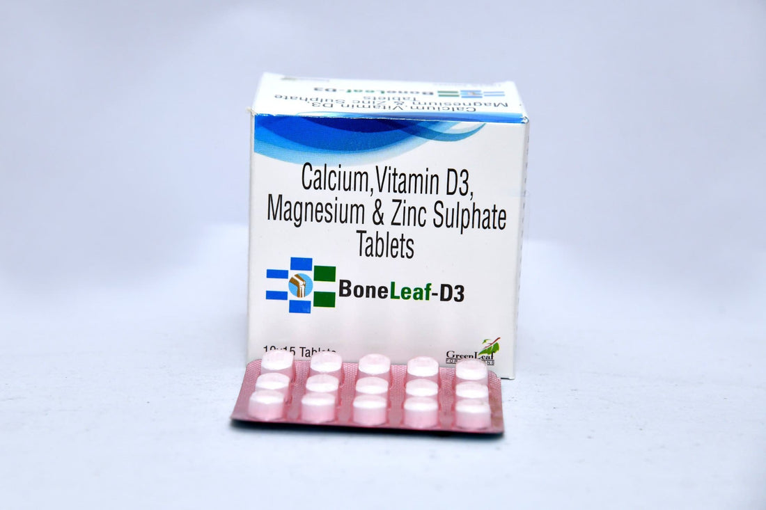Calcium Carbonate 1250mg, Vitamin D3 250IU, Magnesium Oxide 40mg, Manganese Sulphate 1.8mg and Zinc 7.5mg Tablets