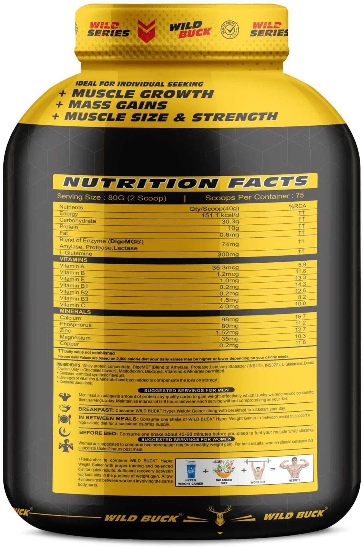 WILD BUCK Hyper Weight Gainer | High Protein Mass Gainer with L-Glutamine & Digestive Enzymes | 1kg & 3kg | Muscle Mass & Weight Gain Supplement | 75 Servings