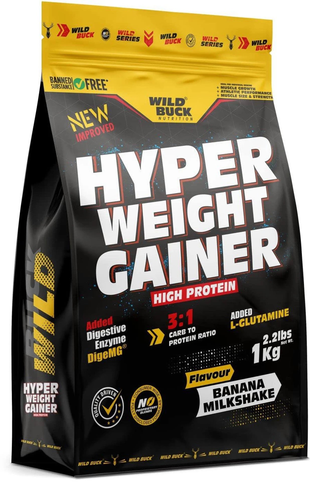 WILD BUCK Hyper Weight Gainer | High Protein Mass Gainer with L-Glutamine & Digestive Enzymes | 1kg & 3kg | Muscle Mass & Weight Gain Supplement | 75 Servings