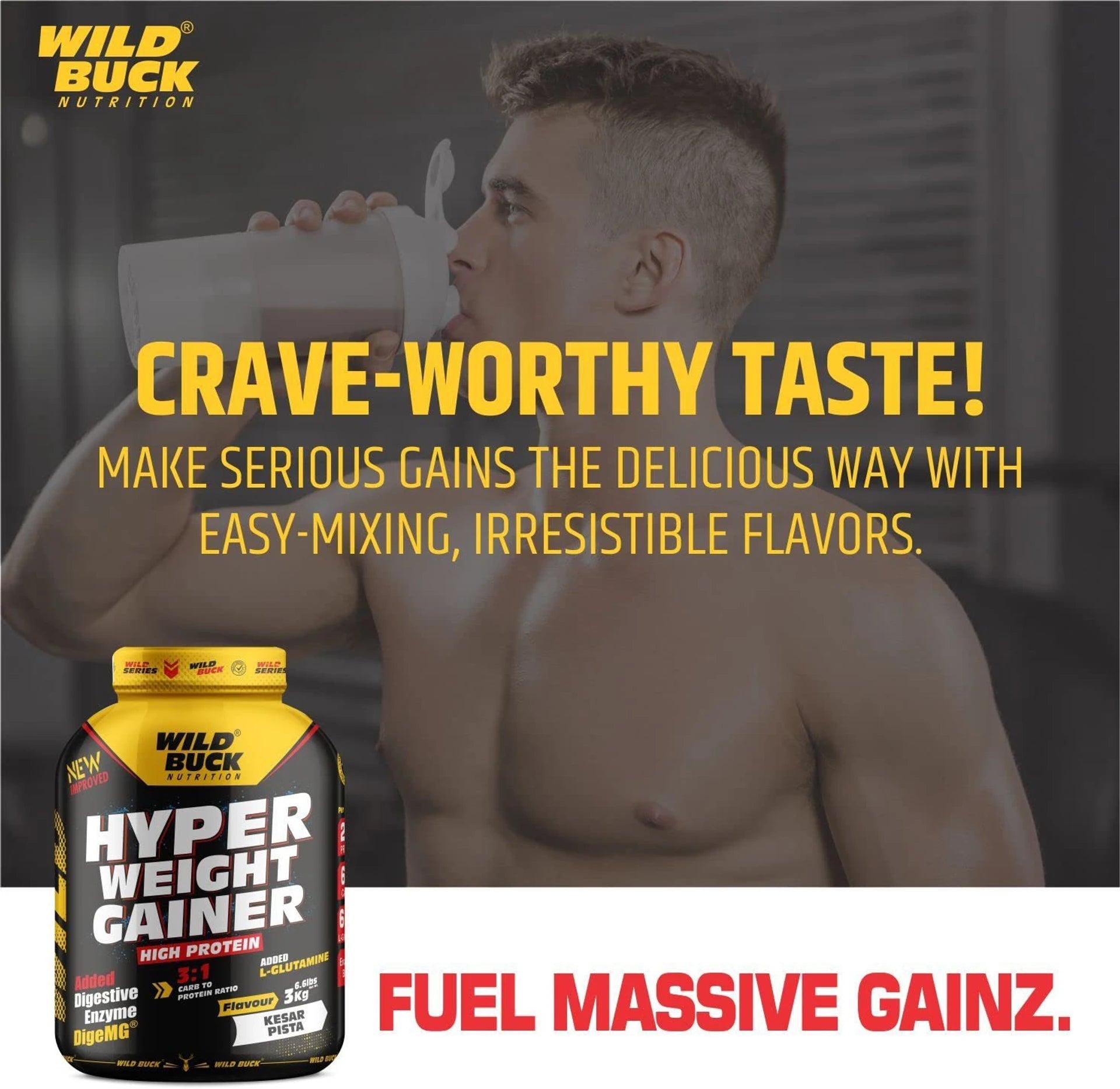 WILD BUCK Hyper Weight Gainer | High Protein Mass Gainer with L-Glutamine & Digestive Enzymes | 1kg & 3kg | Muscle Mass & Weight Gain Supplement | 75 Servings