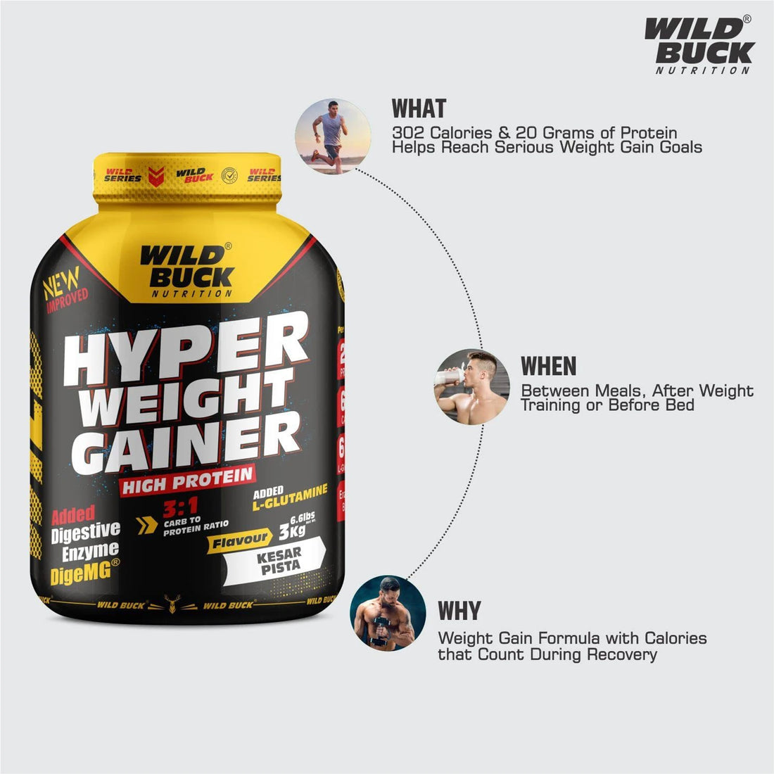WILD BUCK Hyper Weight Gainer | High Protein Mass Gainer with L-Glutamine & Digestive Enzymes | 1kg & 3kg | Muscle Mass & Weight Gain Supplement | 75 Servings