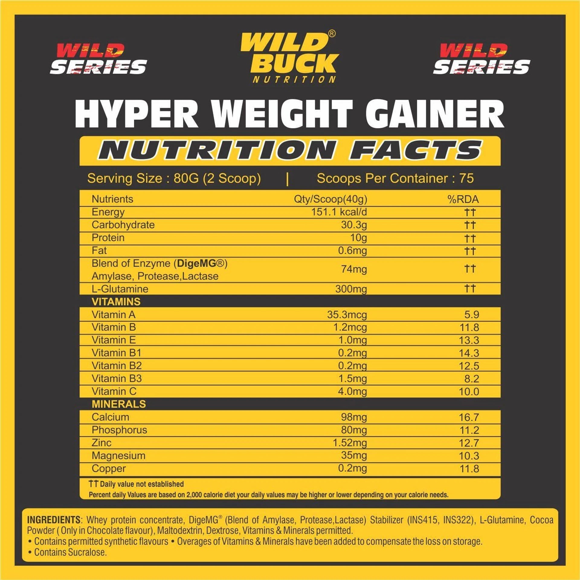 WILD BUCK Hyper Weight Gainer | High Protein Mass Gainer with L-Glutamine & Digestive Enzymes | 1kg & 3kg | Muscle Mass & Weight Gain Supplement | 75 Servings