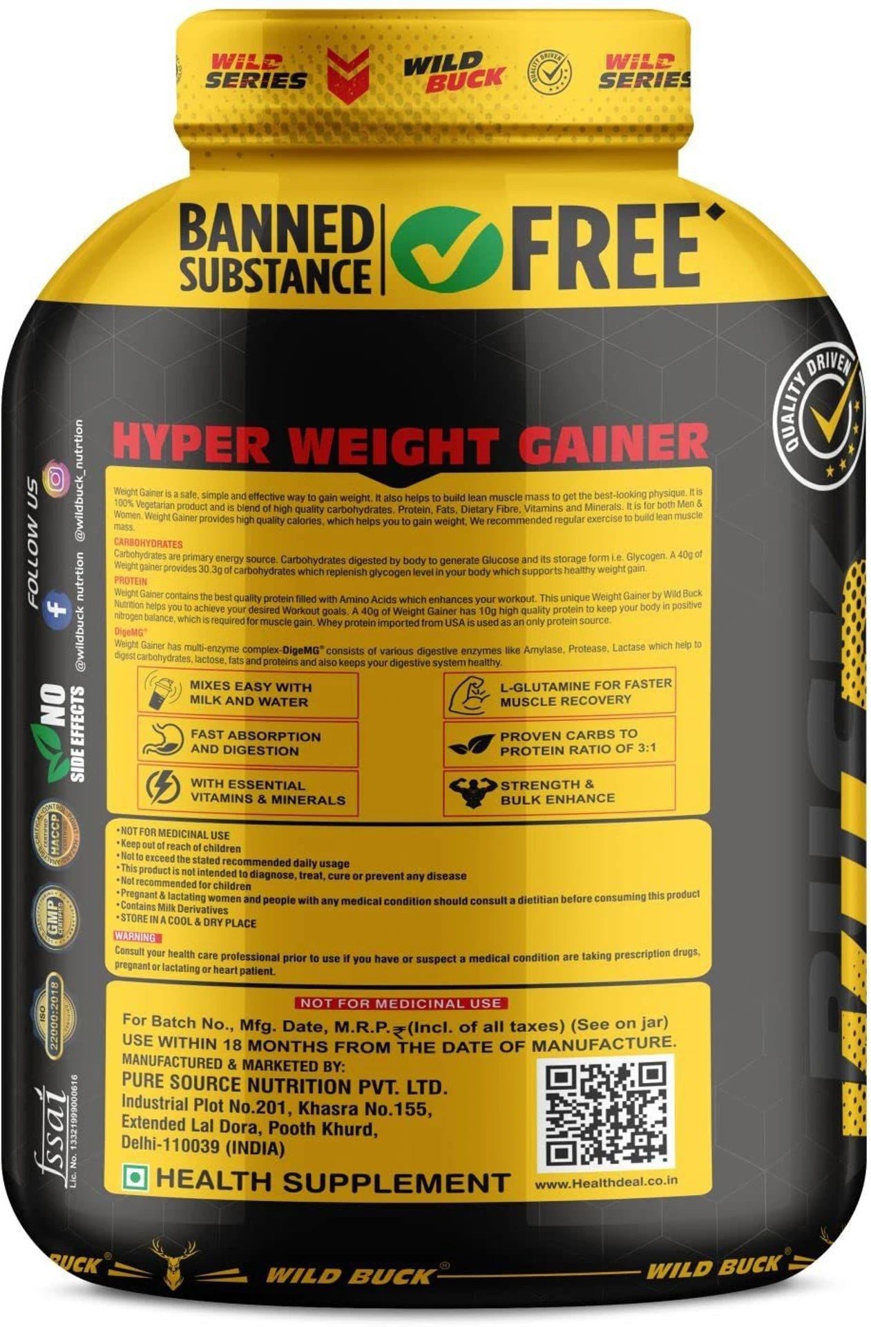 WILD BUCK Hyper Weight Gainer | High Protein Mass Gainer with L-Glutamine & Digestive Enzymes | 1kg & 3kg | Muscle Mass & Weight Gain Supplement | 75 Servings
