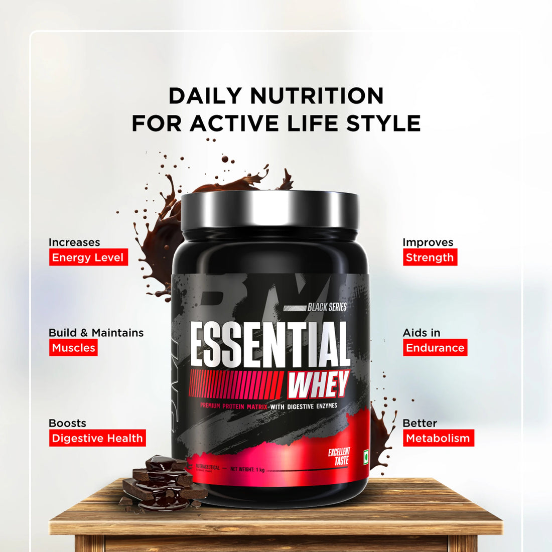 BIGMUSCLES NUTRITION Essential Whey Protein Powder | Whey Protein with Digestive Enzymes | 3rd Party Lab Tested | Rich Chocolate | 1kg | Premium Whey Protein Supplement