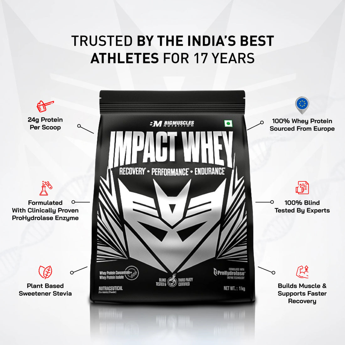 BIGMUSCLES NUTRITION Impact Whey Protein | Whey Protein Isolate + Concentrate | ProHydrolase® Technology | Belgian Chocolate | 1kg | Premium Whey Protein Supplement