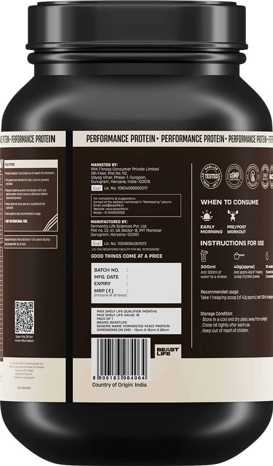 BeastLife Performance Protein Powder | 25g Protein & 5.64g BCAA Per Serving | Chocolate, Cold Coffee, Malai Kulfi, Mango, Cookies &amp; Cream, Rasmalai & Thandai | 1kg | Zero Added Sugar |