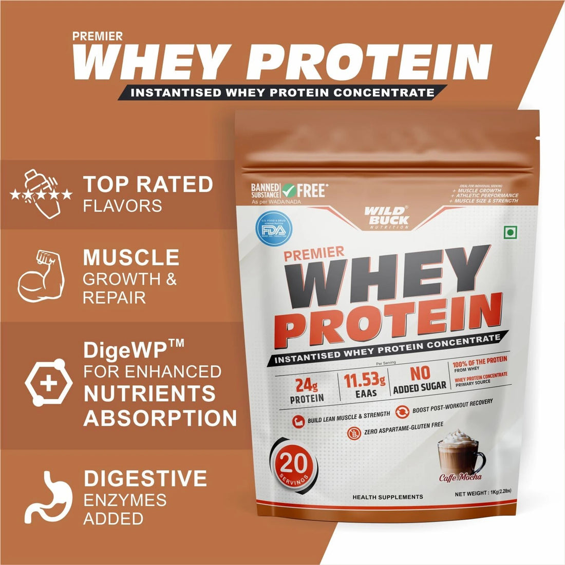 WILD BUCK Premier Whey Protein | High Protein, Amino Acids & Digestive Enzymes | 1kg | Caffe Mocha, Caramel Chocolate & Strawberry Mango
