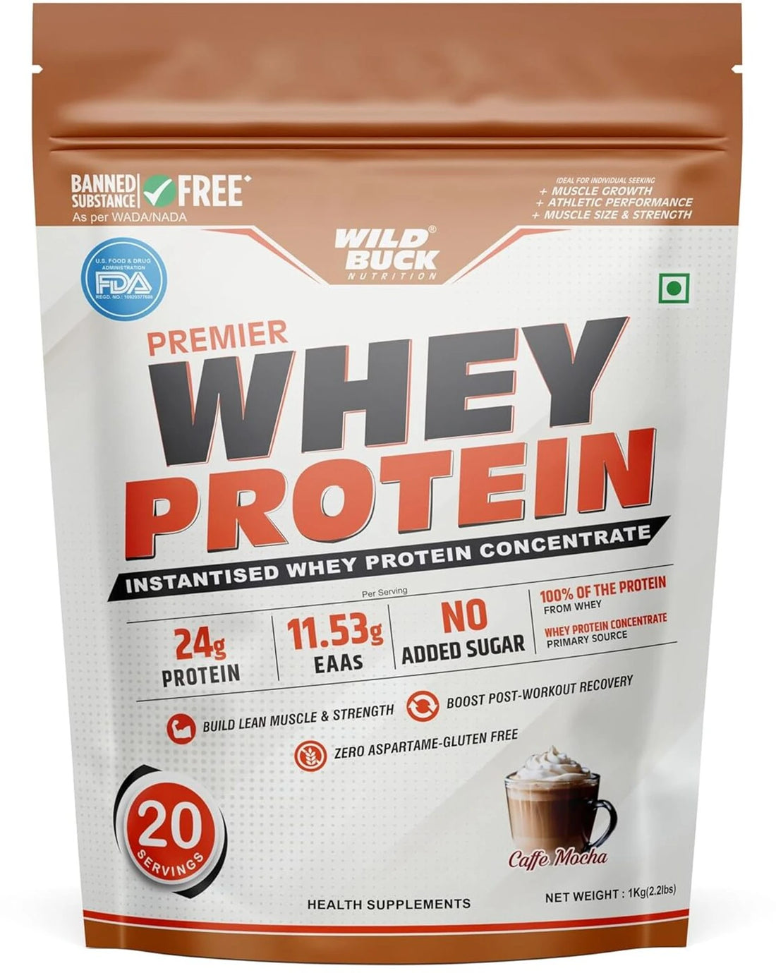 WILD BUCK Premier Whey Protein | High Protein, Amino Acids & Digestive Enzymes | 1kg | Caffe Mocha, Caramel Chocolate & Strawberry Mango
