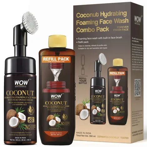 WOW Skin Science Coconut Hydrating Foaming Face Wash with Built-In Face Brush