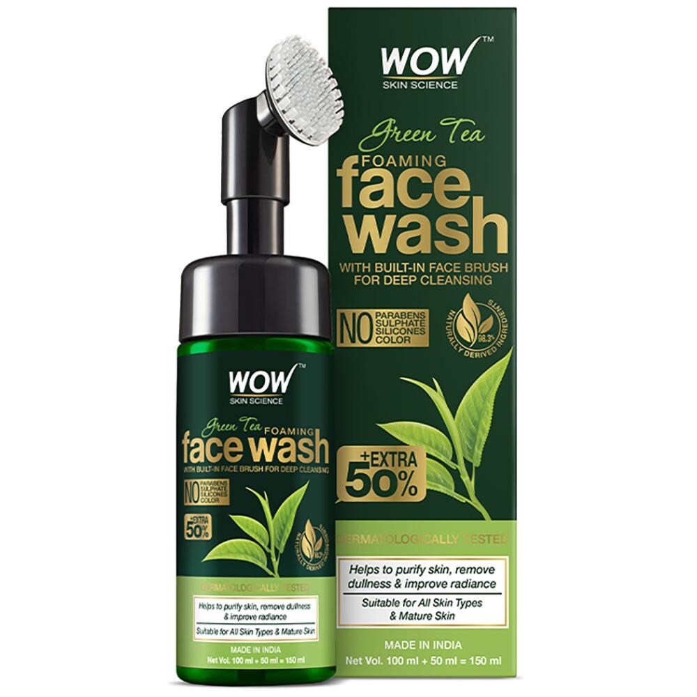 WOW Skin Science Green Tea Foaming Face Wash with Built-In Face Brush - With Green Tea & Aloe Vera Extract - For Purifying Skin, Improving Radiance - No Parabens, Sulphate, Silicones & Color - 100 ml
