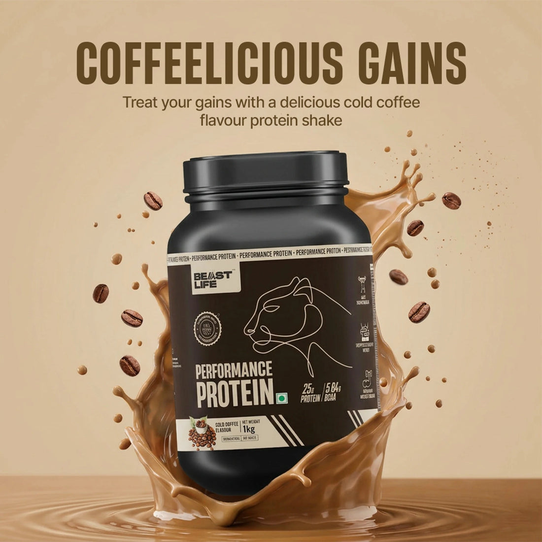 BeastLife Performance Protein Powder | 25g Protein & 5.64g BCAA Per Serving | Chocolate, Cold Coffee, Malai Kulfi, Mango, Cookies &amp; Cream, Rasmalai & Thandai | 1kg | Zero Added Sugar |