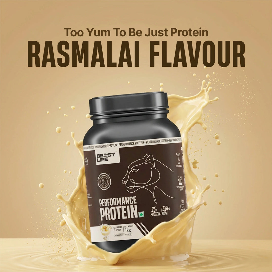 BeastLife Performance Protein Powder | 25g Protein & 5.64g BCAA Per Serving | Chocolate, Cold Coffee, Malai Kulfi, Mango, Cookies &amp; Cream, Rasmalai & Thandai | 1kg | Zero Added Sugar |