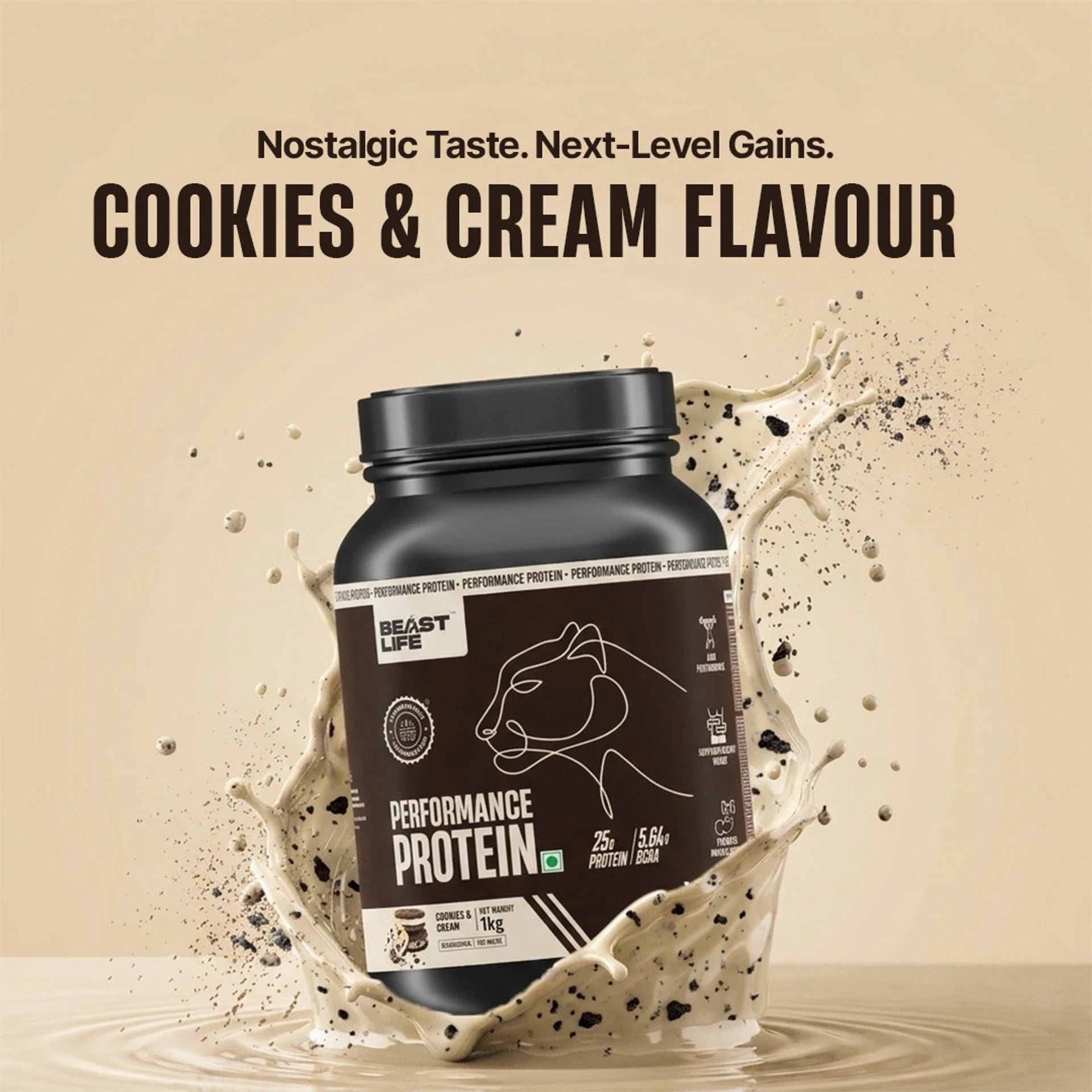 BeastLife Performance Protein Powder | 25g Protein & 5.64g BCAA Per Serving | Chocolate, Cold Coffee, Malai Kulfi, Mango, Cookies &amp; Cream, Rasmalai & Thandai | 1kg | Zero Added Sugar |