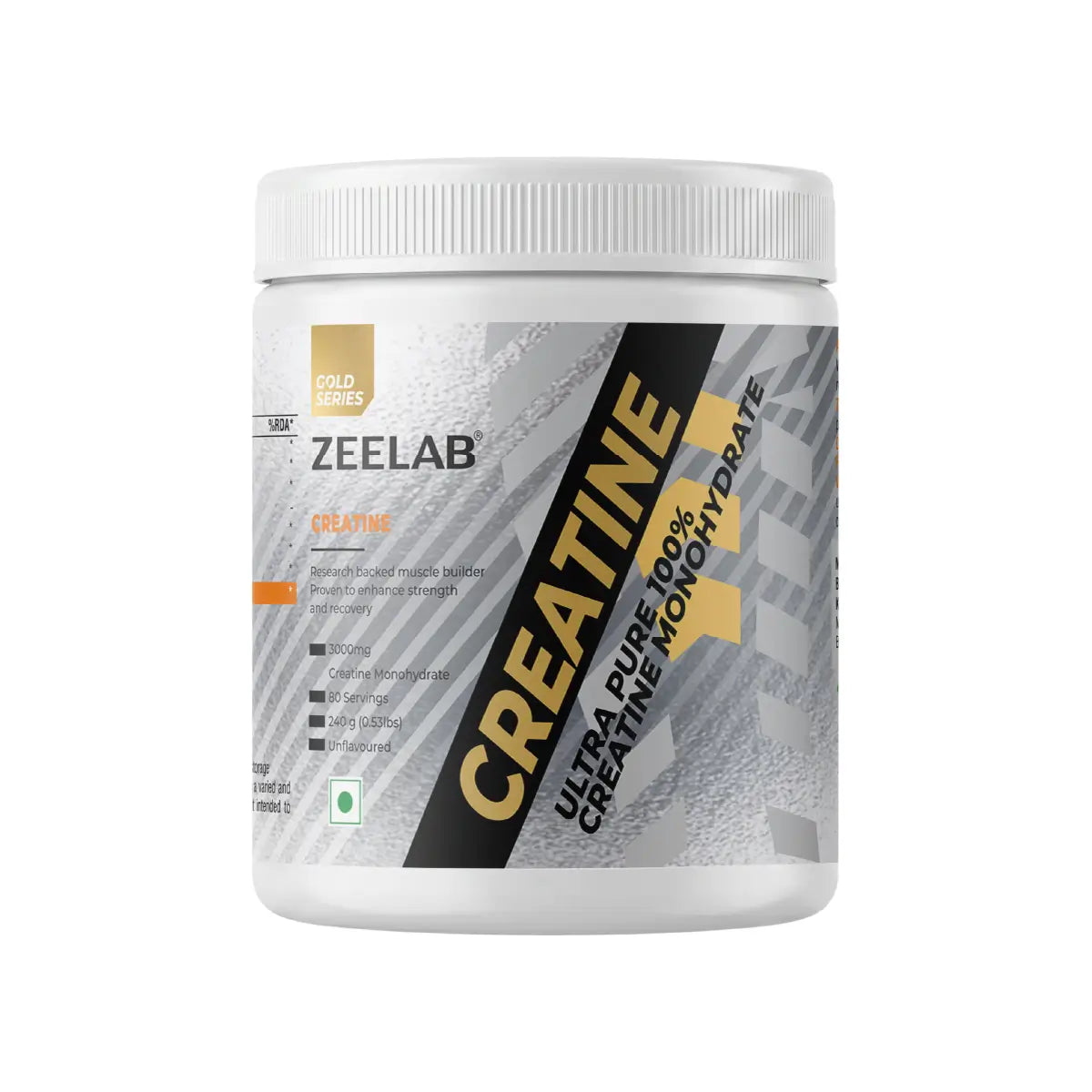 ZEELAB 100% Creatine Monohydrate Powder | Micronized Creatine for Muscle Strength, Power & Workout Performance | Unflavoured | 240g (80 Servings)