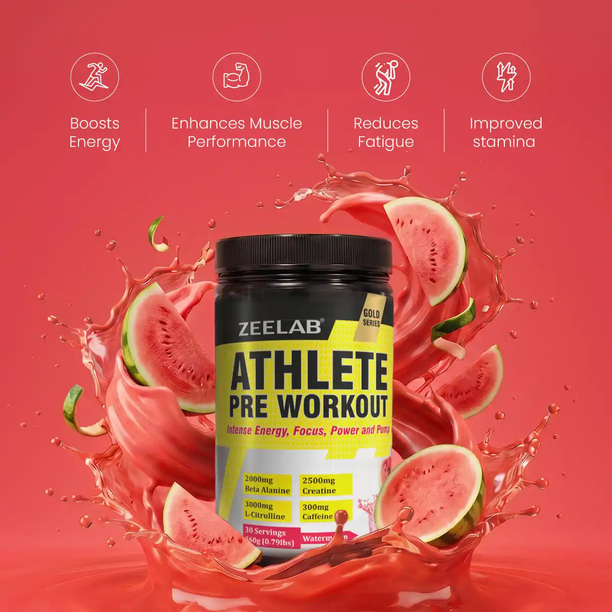ZEELAB Athlete Pre Workout Powder | Energy, Focus, Endurance & Strength Support | Watermelon, Blueberry & Fruit Punch | 360g (30 Servings)