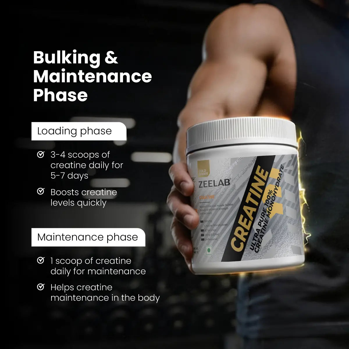 ZEELAB 100% Creatine Monohydrate Powder | Micronized Creatine for Muscle Strength, Power & Workout Performance | Unflavoured | 240g (80 Servings)